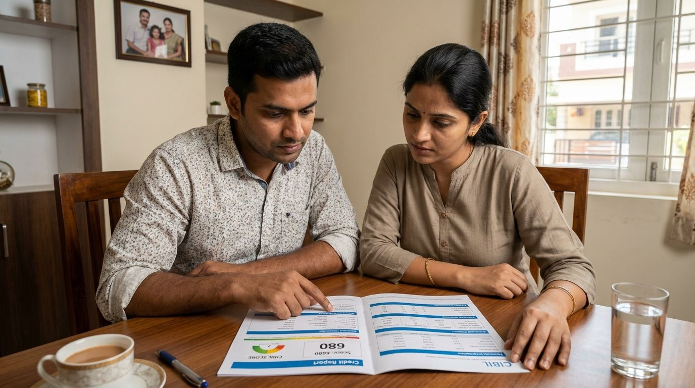 Nivāsa Finance advisor explaining home loan options for a low CIBIL score to a self-employed borrower at their home in rural Karnataka